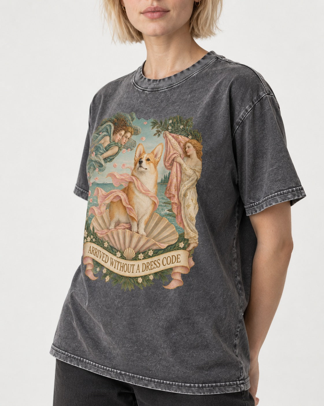 Corgi Arrived Without a Dress Code Birth of Venus Washed Tee in Gray, worn by a model, front view