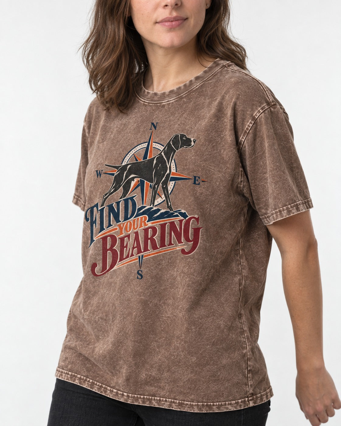 Find Your Bearing German Shorthaired Pointer Washed Tee in Coffee, worn by a model, front view