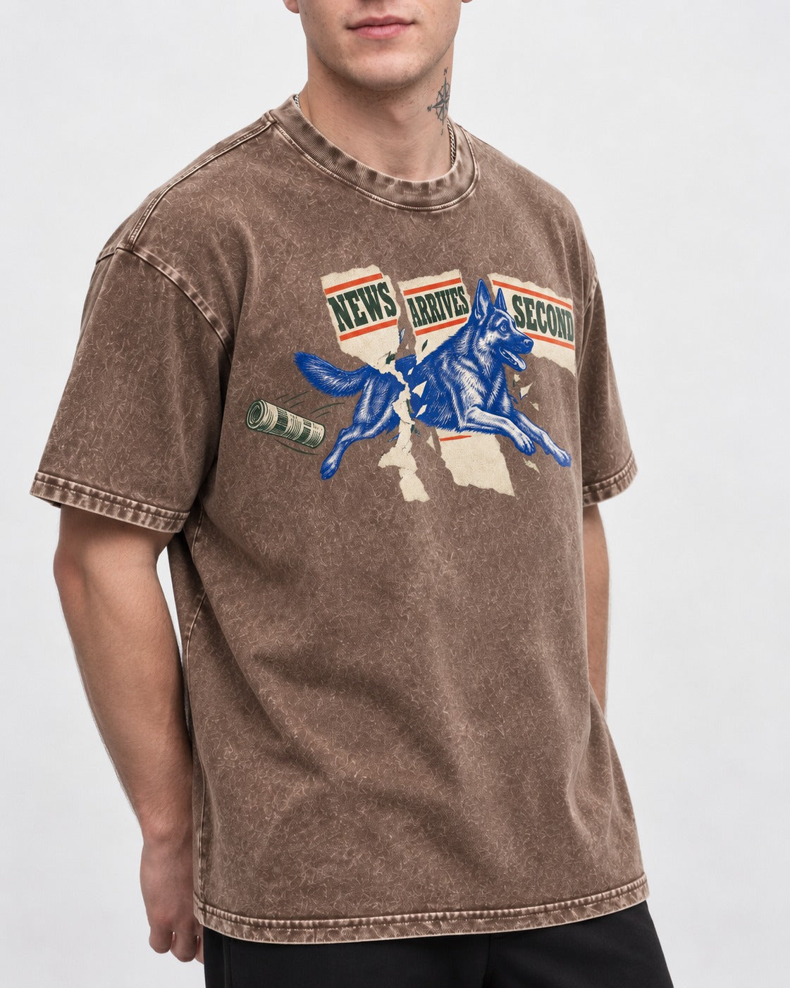News Arrives Second German Shepherd Dog Washed Tee in Coffee, worn by a model, front view