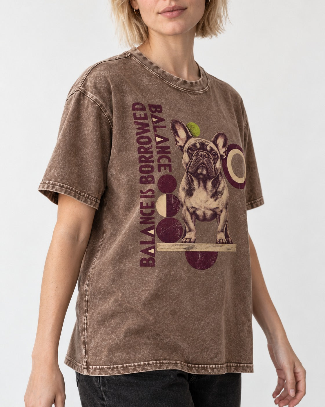 Frenchie's Balance Is Borrowed Washed Tee in Coffee, worn by a model, front view