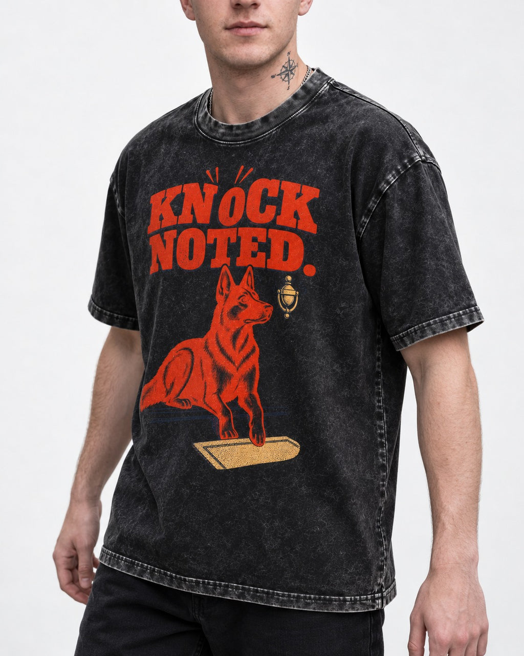 Knock Noted Door Knocker German Shepherd Dog Graphic Washed Tee in Black, worn by a model, front view