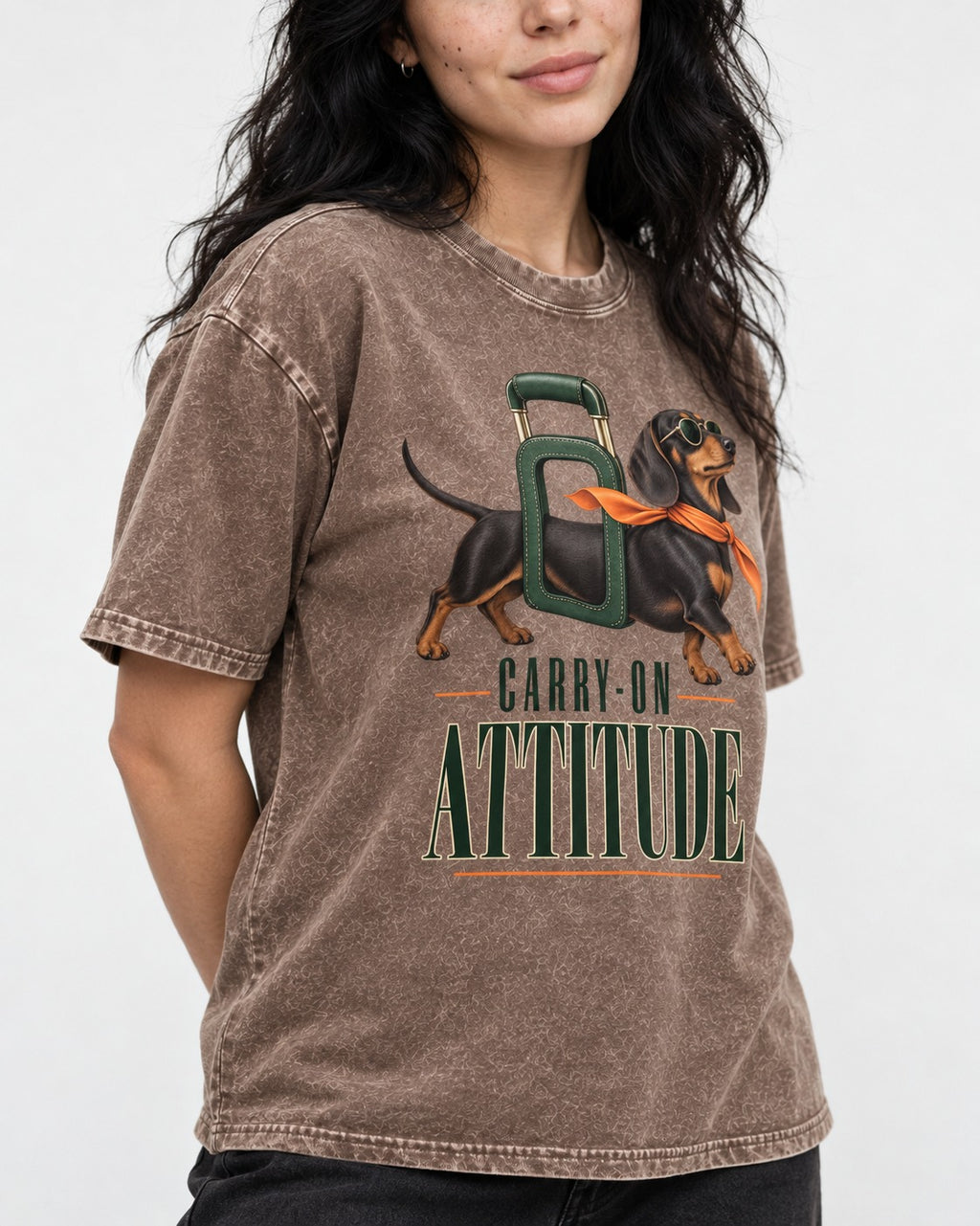 Dachshund Carry on Attitude Washed Tee in Coffee, worn by a model, front view