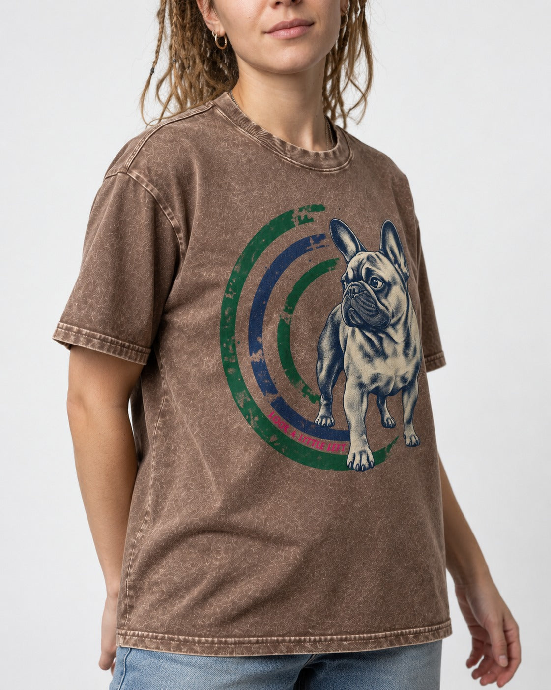Frenchie Look a Little Left Orbit Graphic Washed Tee in Coffee, worn by a model, front view