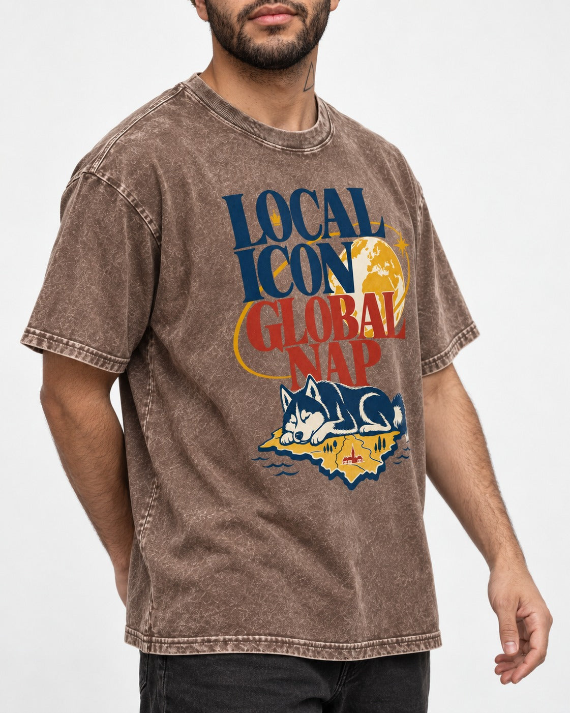 Husky Local Icon Global Nap Washed Tee in Coffee, worn by a model, front view
