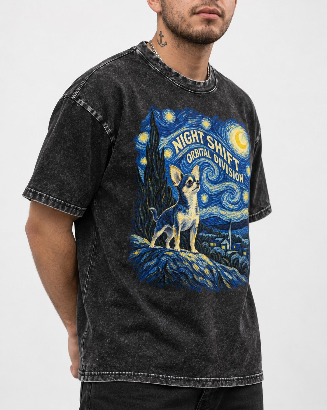 Chihuahua Night Shift Orbital Division Starry Night Graphic Washed Tee in Black, worn by a model, front view