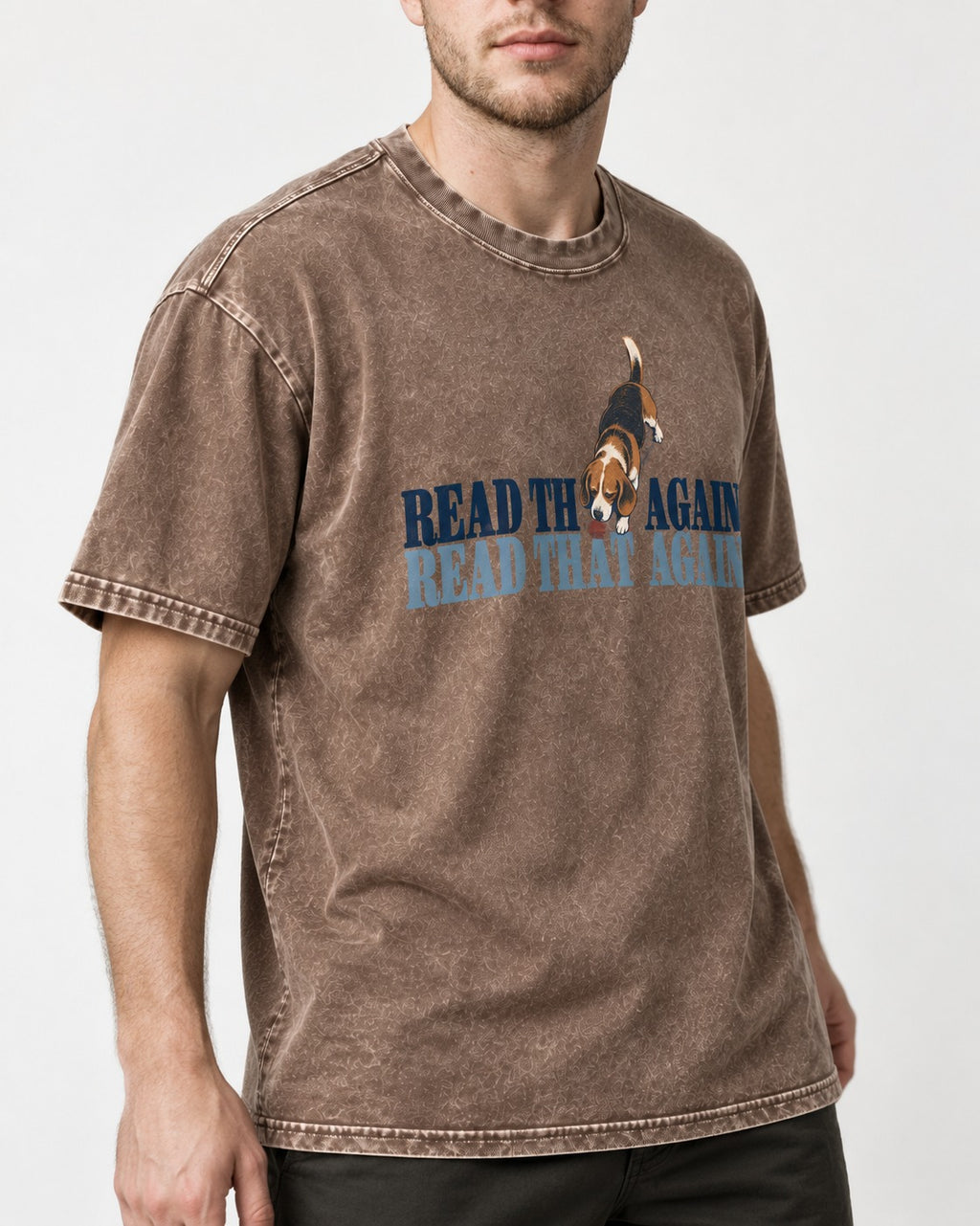 Read That Again Beagle Washed Tee in Coffee, worn by a model, front view