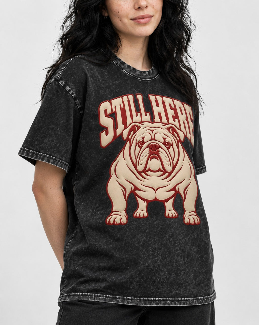 English Bulldog Still Here Collegiate Graphic Washed Tee in Black, worn by a model, front view