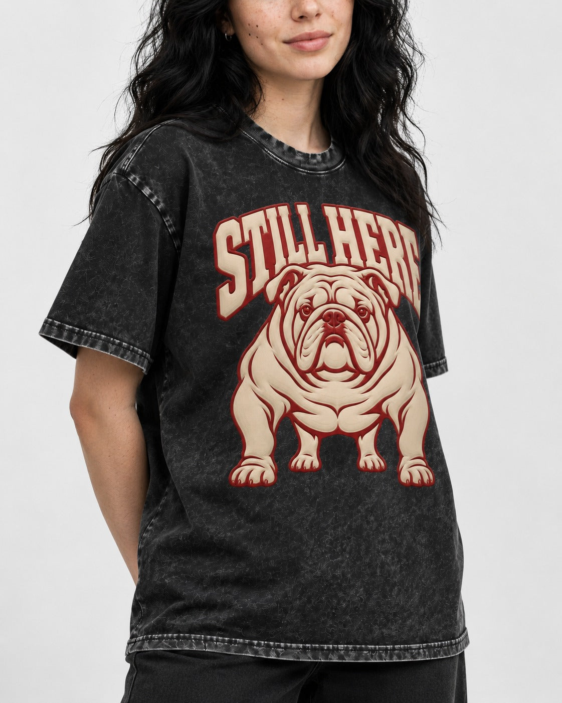 English Bulldog Still Here Collegiate Graphic Washed Tee in Black, worn by a model, front view