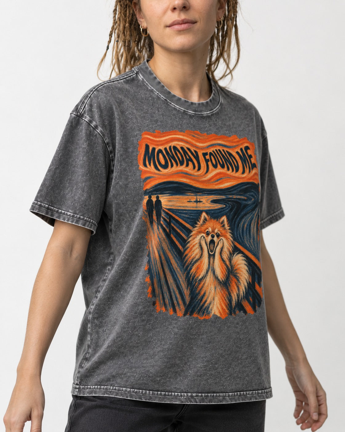 Pomeranian Monday Found Me Scream Parody Graphic Washed Tee in Gray, worn by a model, front view