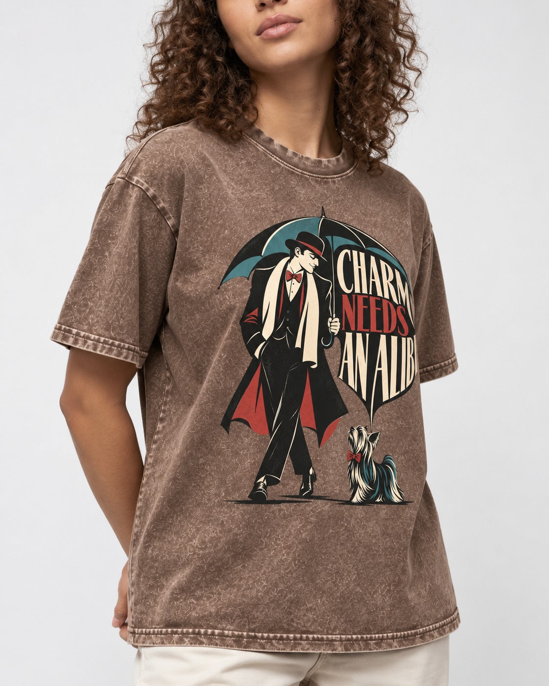 Charm Needs an Alibi Yorkshire Terrier Washed Tee in Coffee, worn by a model, front view