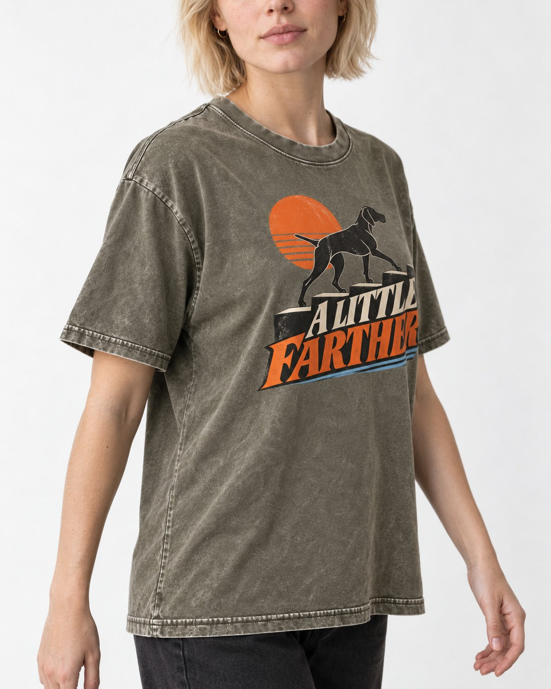 German Shorthaired Pointer A Little Farther Sunset Steps Graphic Washed Tee in Army Green, worn by a model, front view
