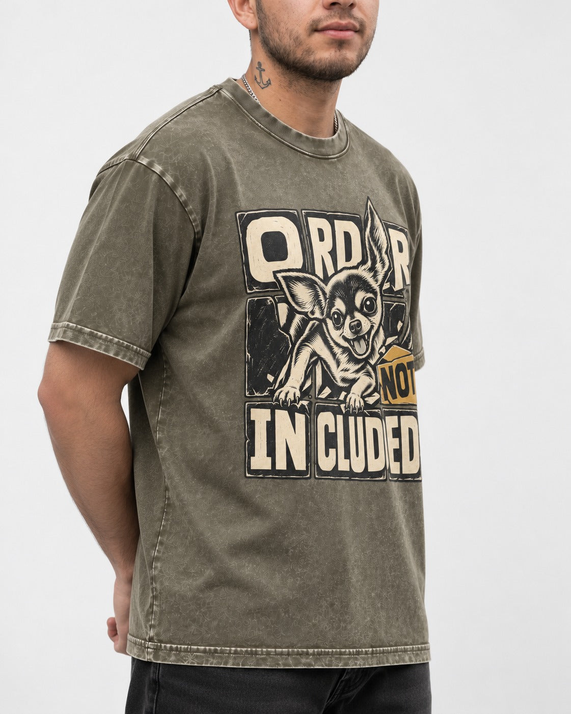 Chihuahua Order Not Included Broken Grid Graphic Washed Tee in Army Green, worn by a model, front view