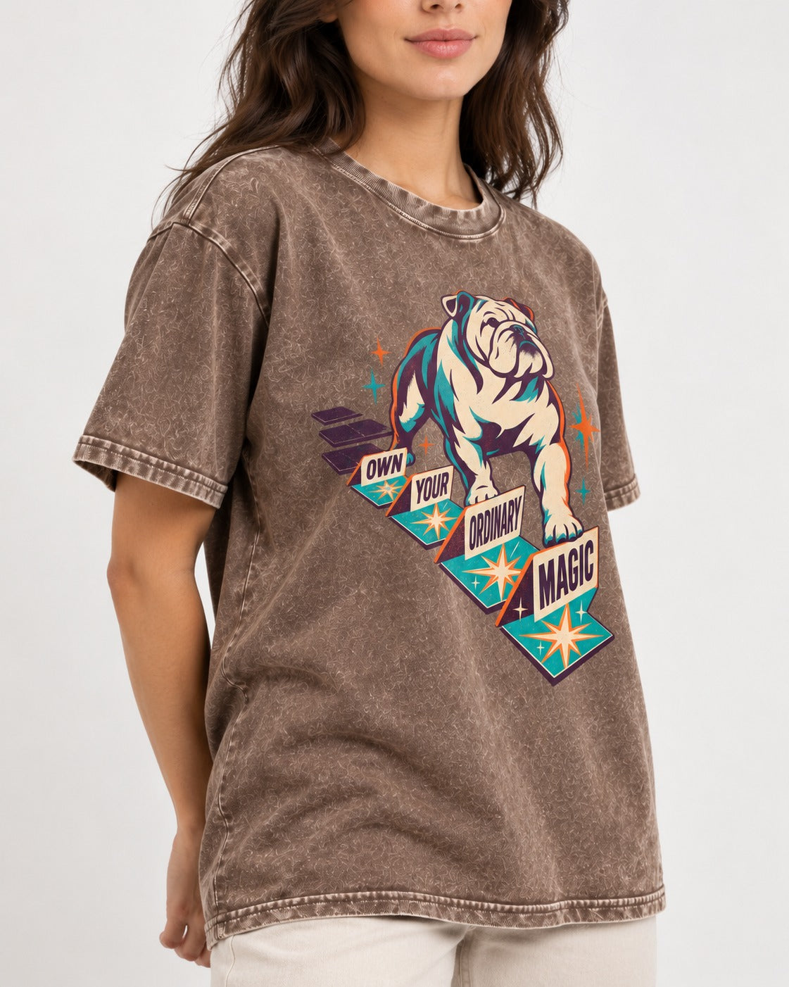 English Bulldog's Ordinary Magic Washed Tee in Coffee, worn by a model, front view