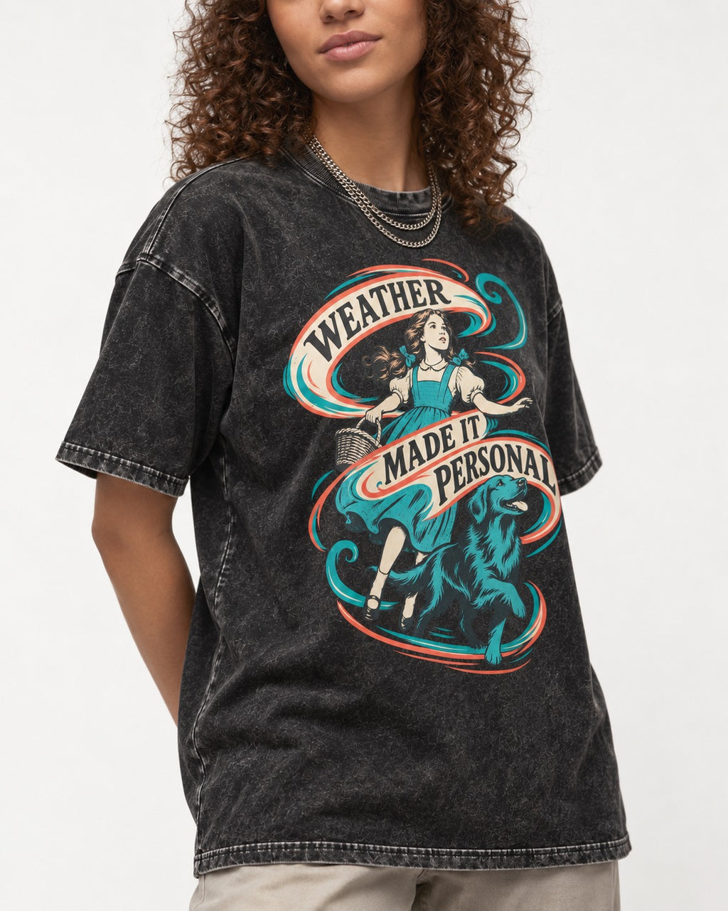 Golden Retriever Weather Made It Personal Woman Graphic Washed Tee in Black, worn by a model, front view