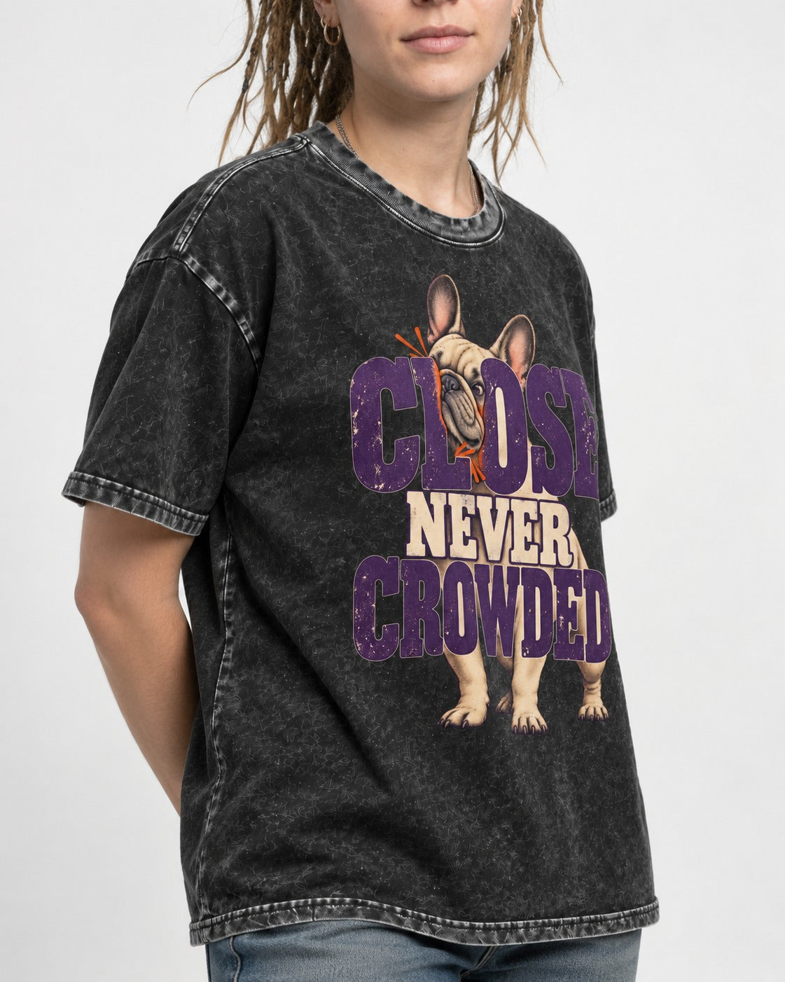 Frenchie Close Never Crowded Peekaboo Type Graphic Washed Tee in Black, worn by a model, front view