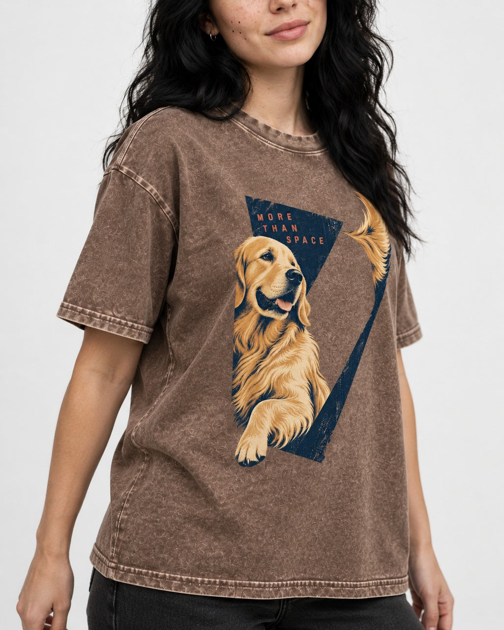 Golden Retriever More Than Space Washed Tee in Coffee, worn by a model, front view