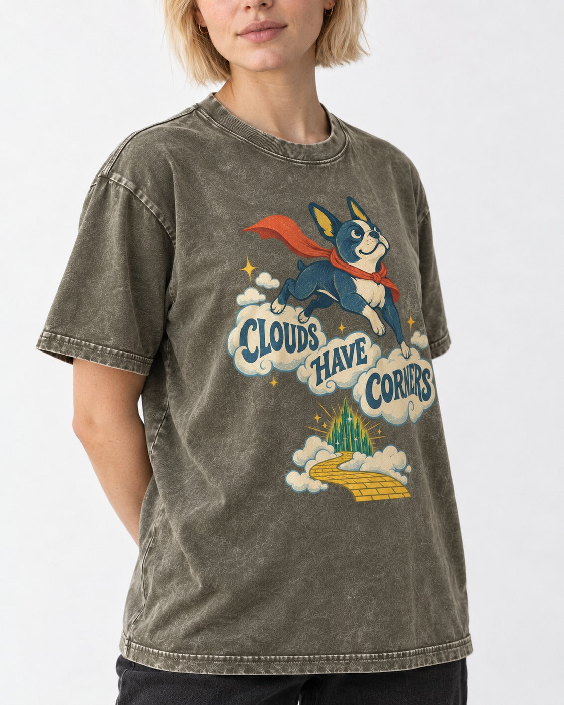 Clouds Have Corners Boston Terrier Washed Tee in Army Green, worn by a model, front view