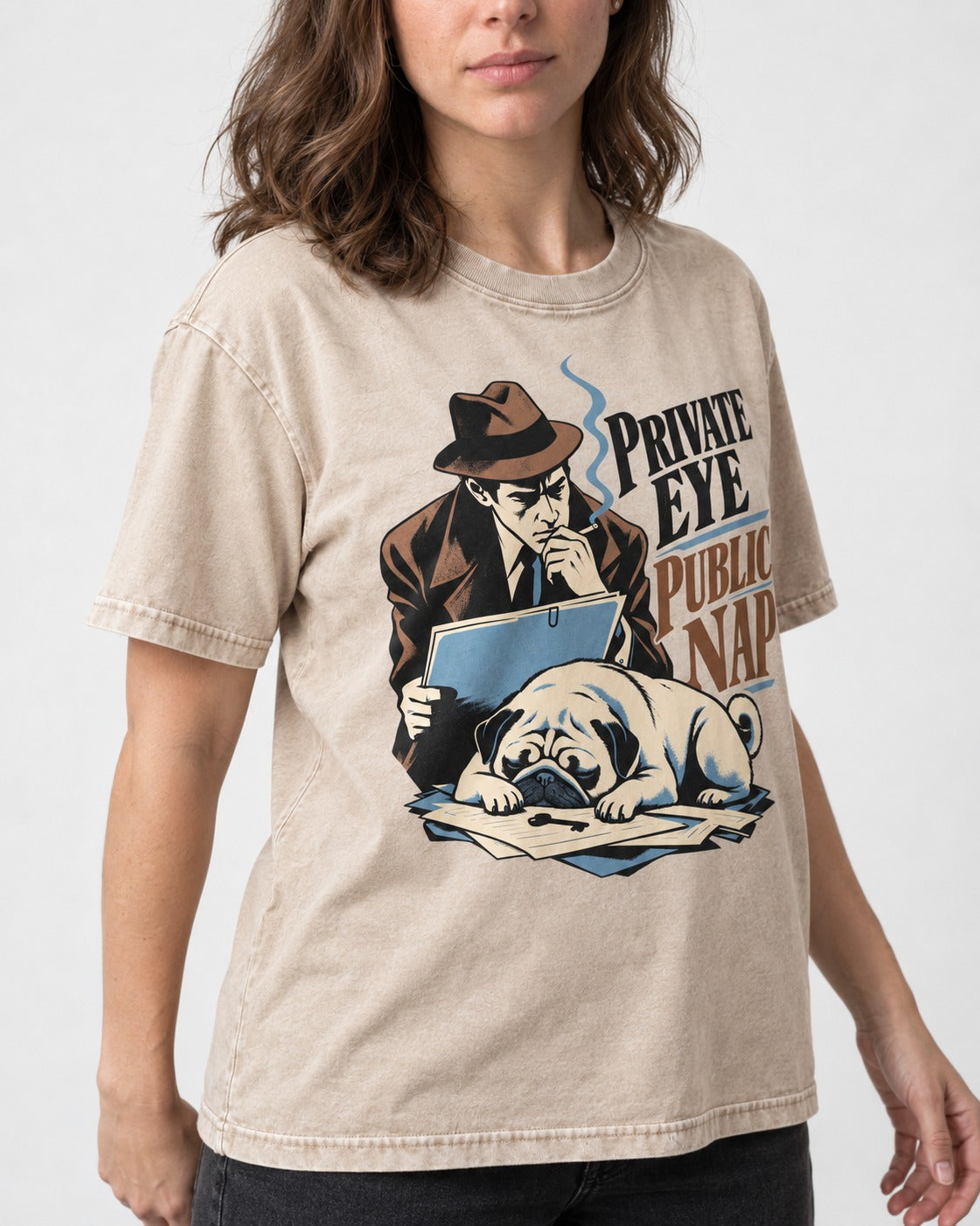 Pug Private Eye Public Nap Washed Tee in Apricot, worn by a model, front view