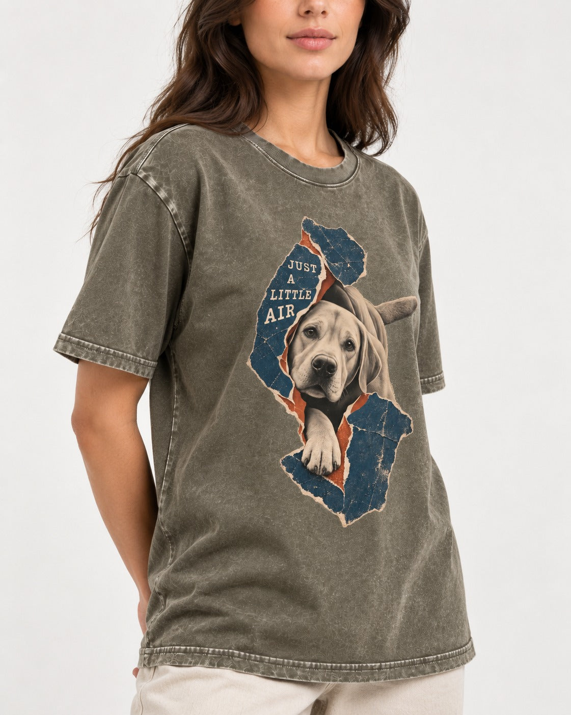 Labrador Retriever Just a Little Air Torn Paper Graphic Washed Tee in Army Green, worn by a model, front view