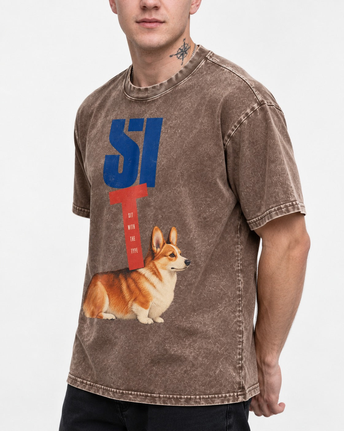 Sit with the Corgi Washed Tee in Coffee, worn by a model, front view