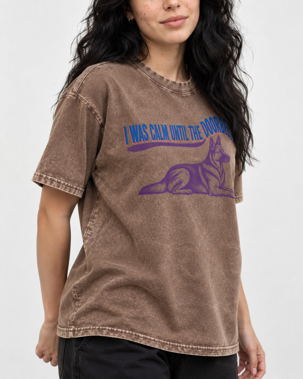 German Shepherd Dog Calm Until the Doorbell Washed Tee in Coffee, worn by a model, front view
