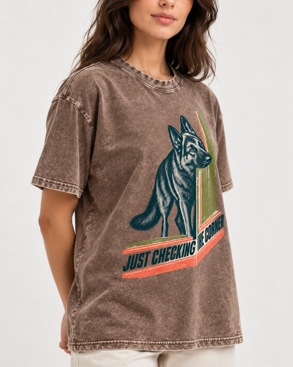 German Shepherd Dog Just Checking the Corner Washed Tee in Coffee, worn by a model, front view