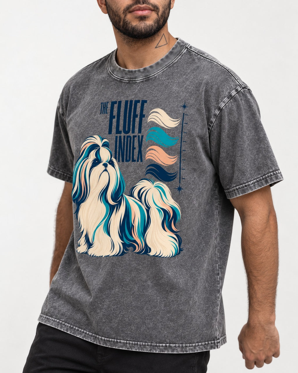 Shih Tzu The Fluff Index Coat Color Chart Graphic Washed Tee in Gray, worn by a model, front view