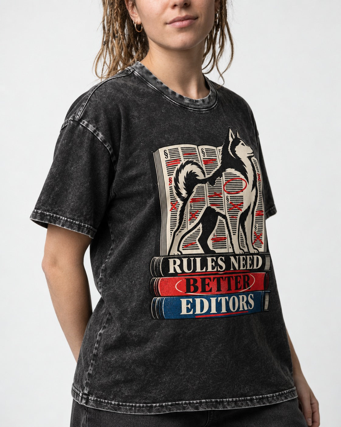 Husky Rules Need Better Editors Book Stack Graphic Washed Tee in Black, worn by a model, front view