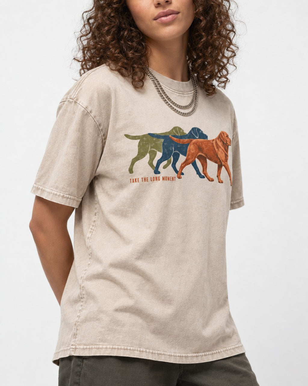 Take the Long Moment Labrador Retriever Washed Tee in Apricot, worn by a model, front view