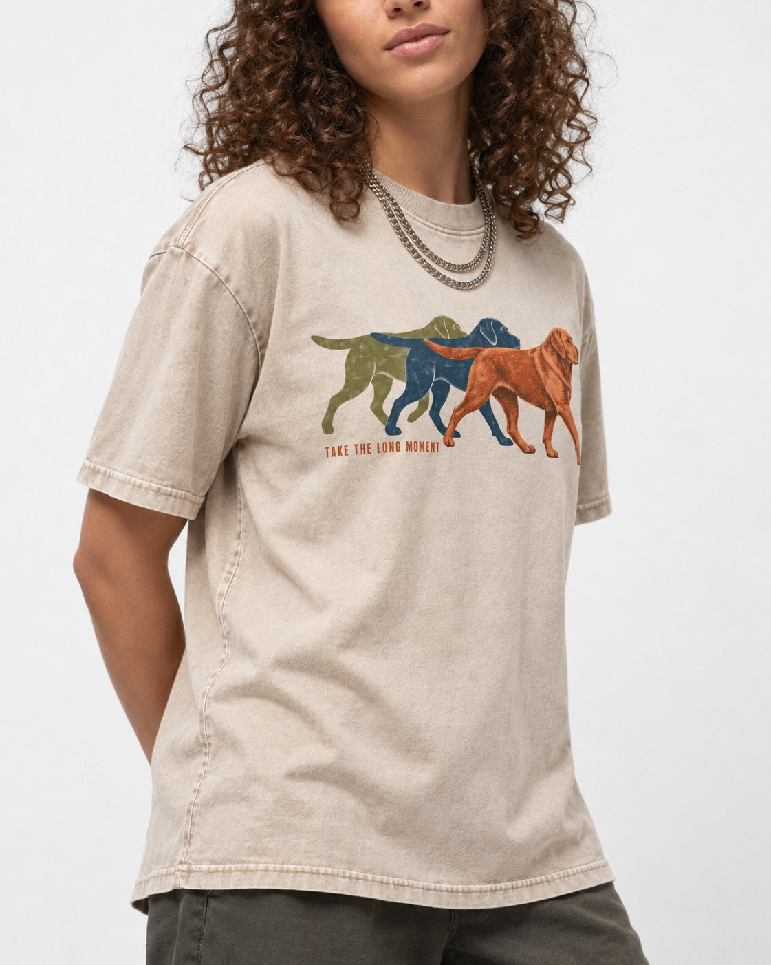 Take the Long Moment Labrador Retriever Washed Tee in Apricot, worn by a model, front view