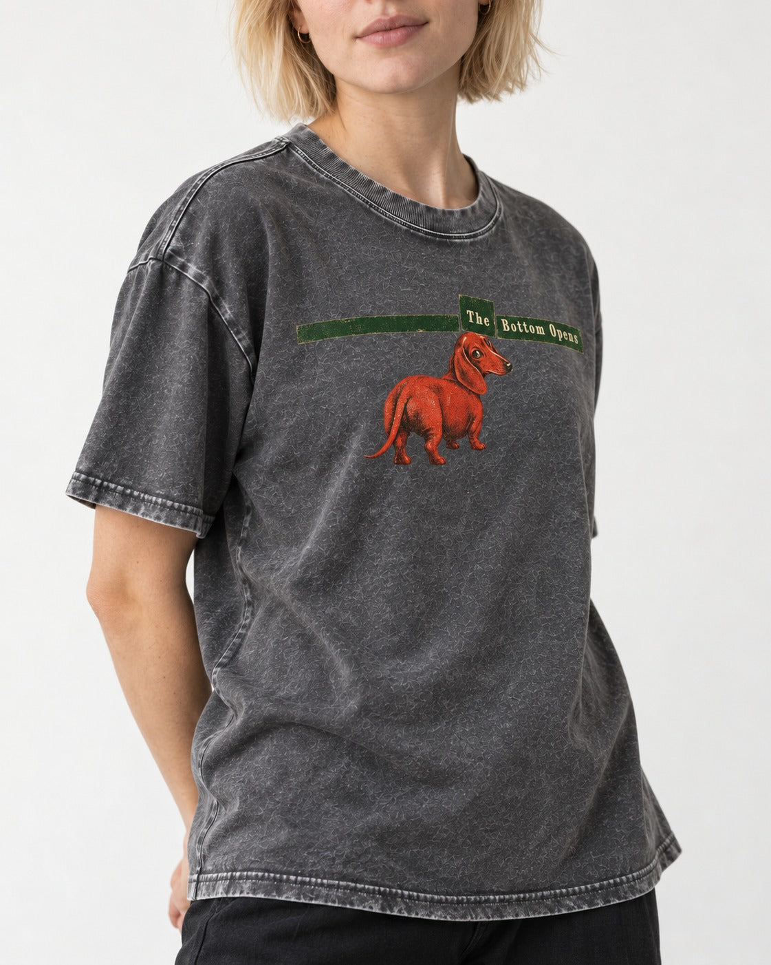 Dachshund The Bottom Opens Signpost Graphic Washed Tee in Gray, worn by a model, front view