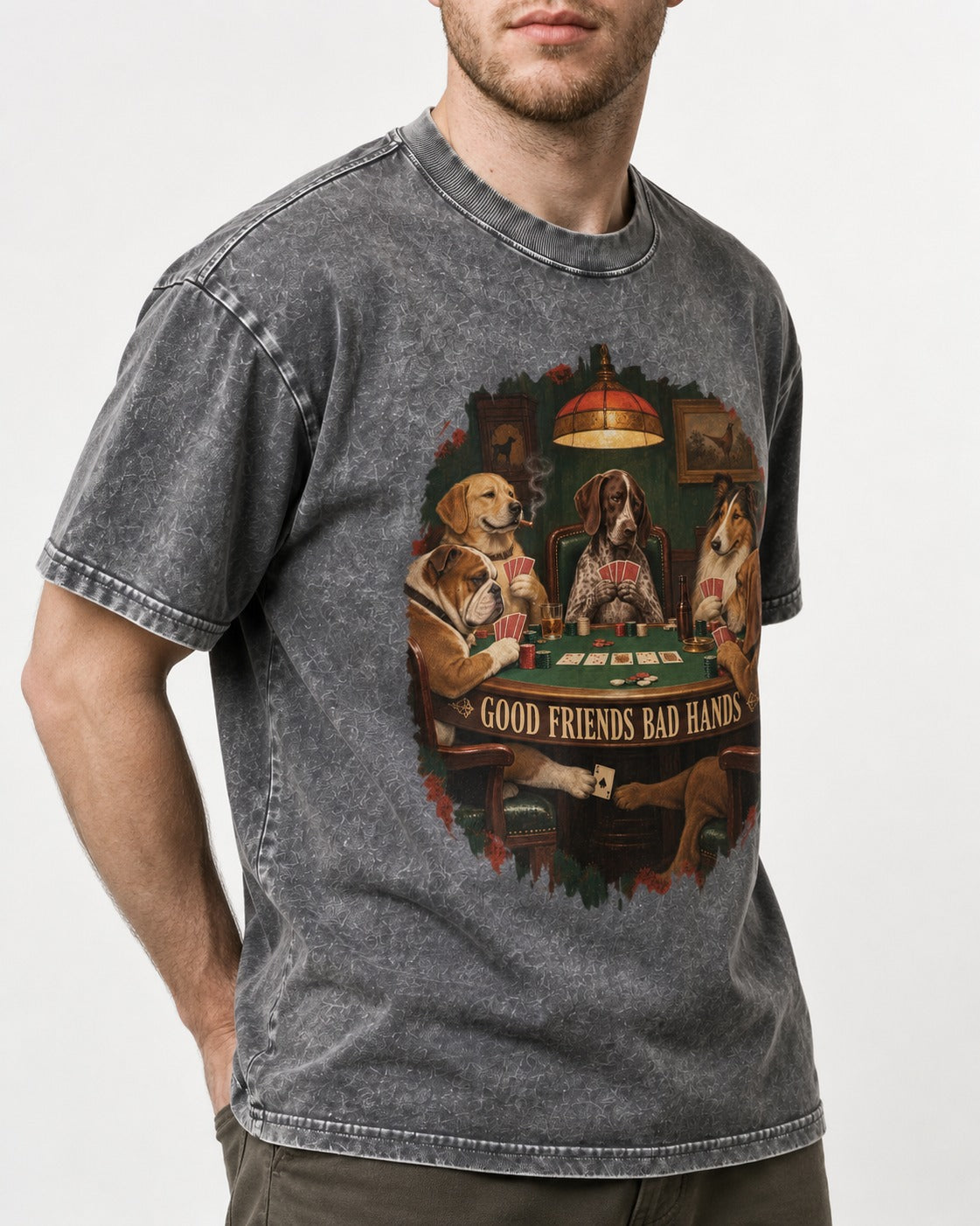 German Shorthaired Pointer Good Friends Bad Hands Poker Night Graphic Washed Tee in Gray, worn by a model, front view