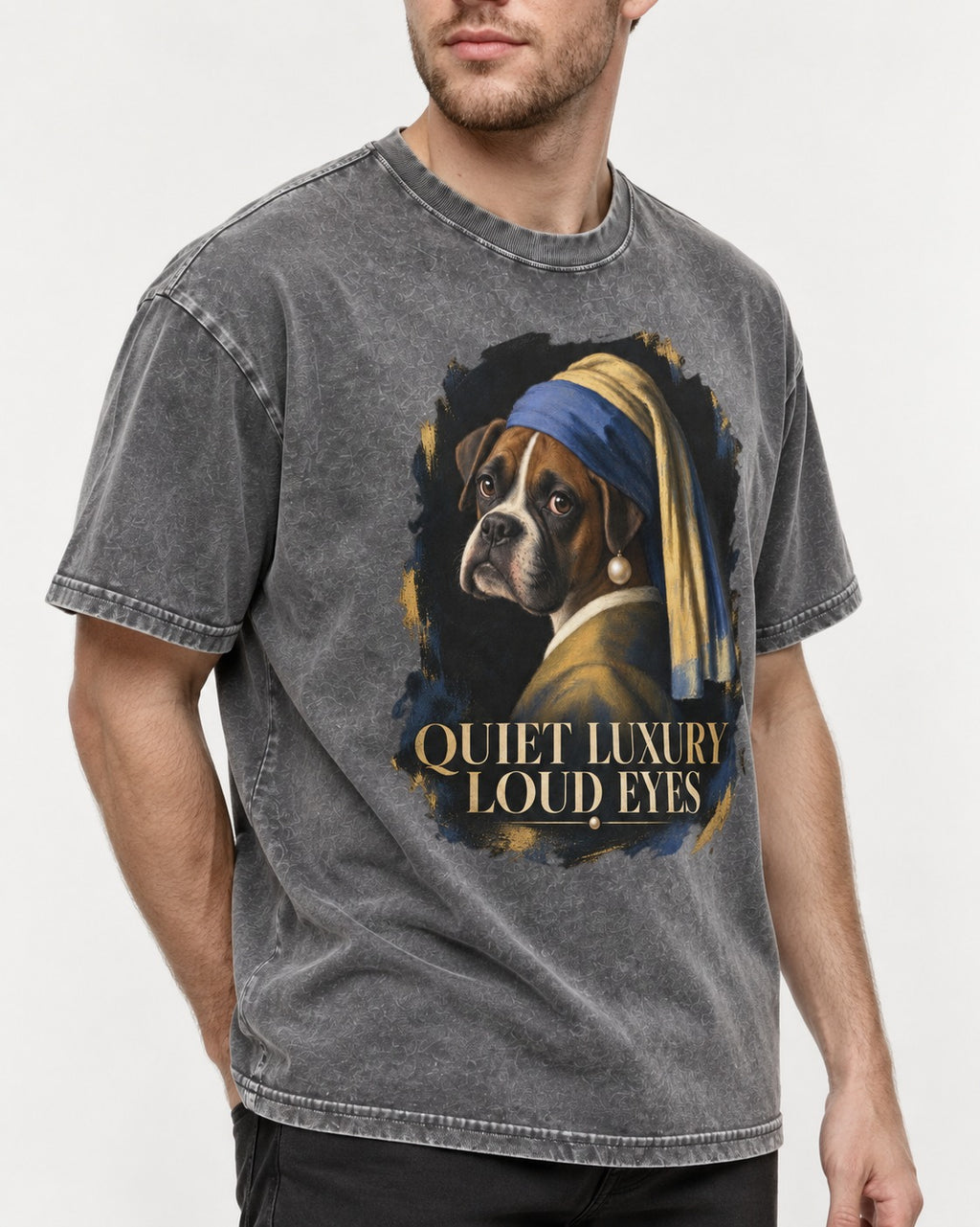 Quiet Luxury Loud Eyes Boxer Pearl Portrait Washed Tee in Gray, worn by a model, front view
