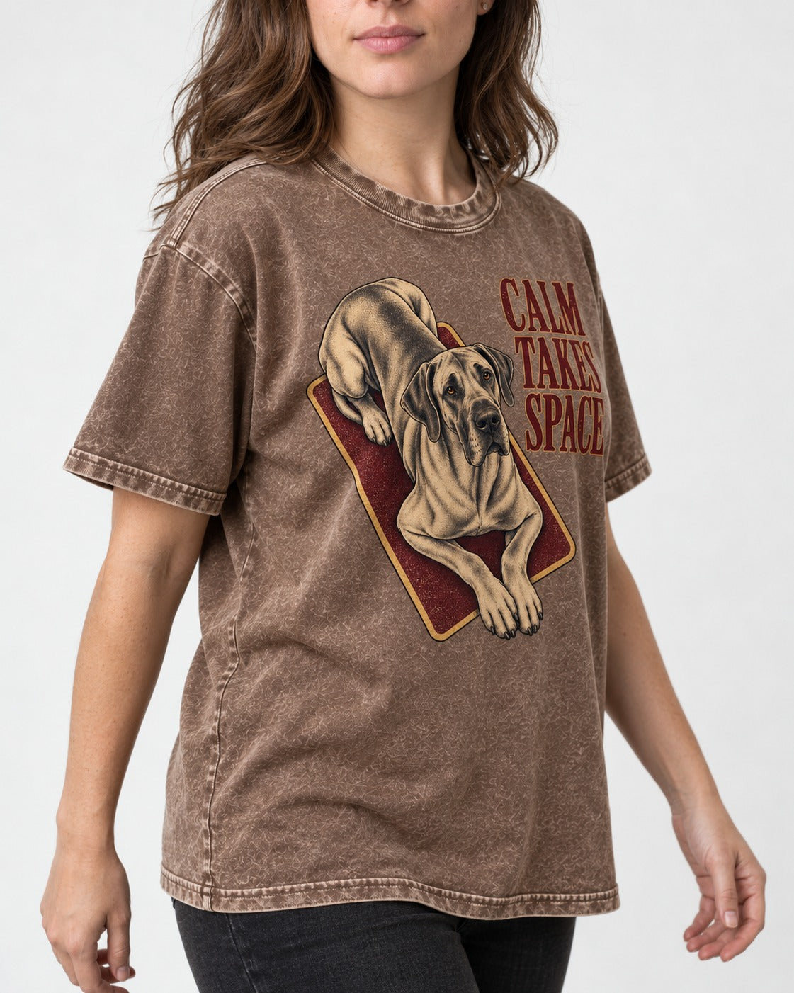 Great Dane Calm Takes Space Washed Tee in Coffee, worn by a model, front view