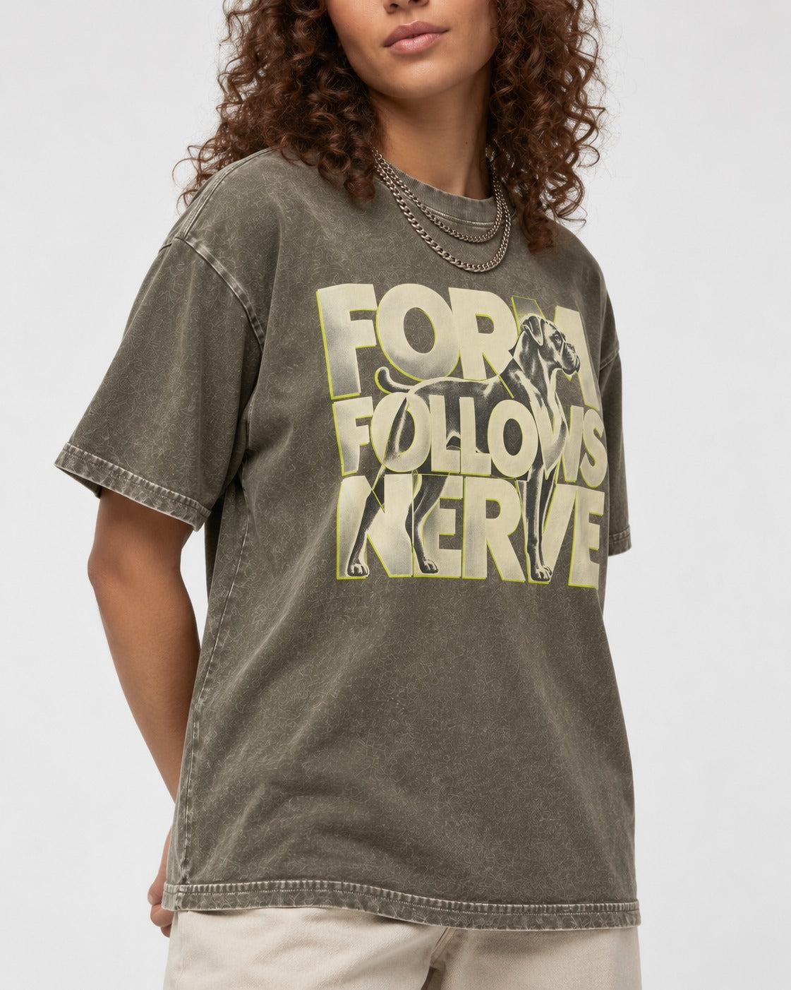 Form Follows Nerve Boxer Typography Washed Tee in Army Green, worn by a model, front view