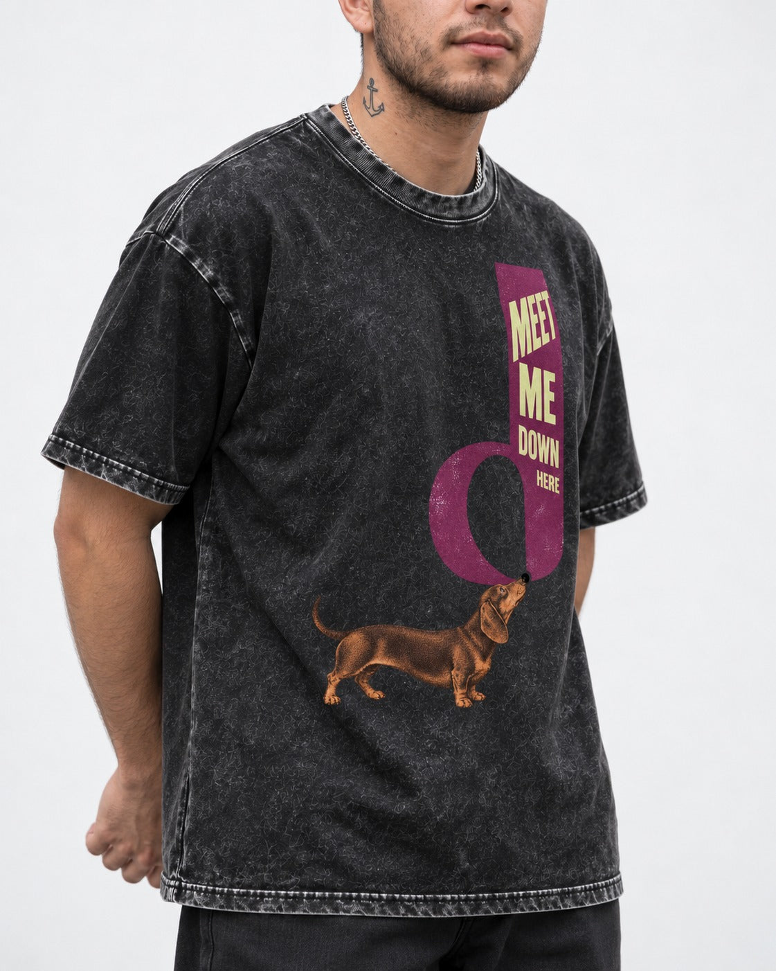 Dachshund Meet Me Down Here Letterform Loop Graphic Washed Tee in Black, worn by a model, front view
