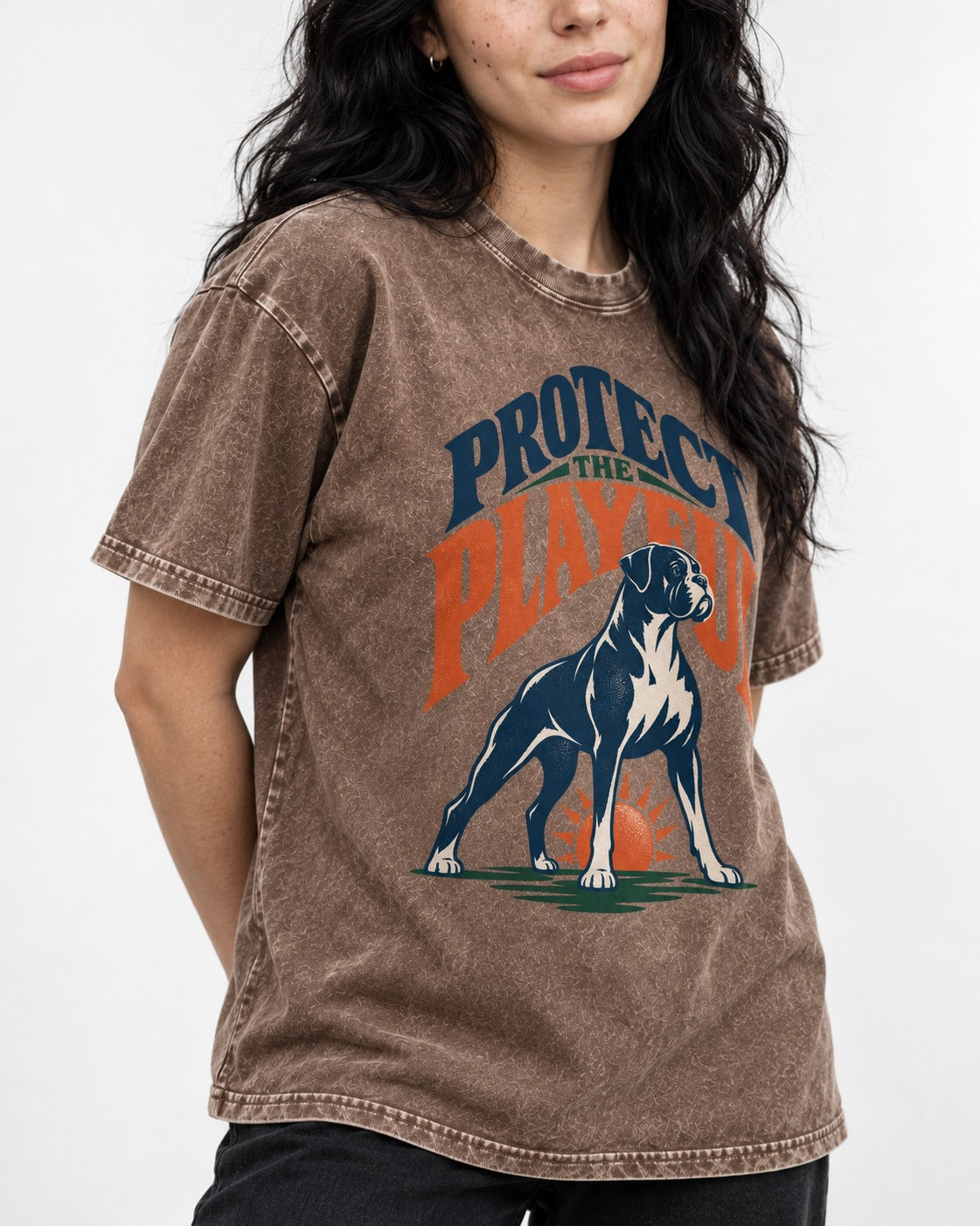 Protect the Playful Boxer Washed Tee in Coffee, worn by a model, front view