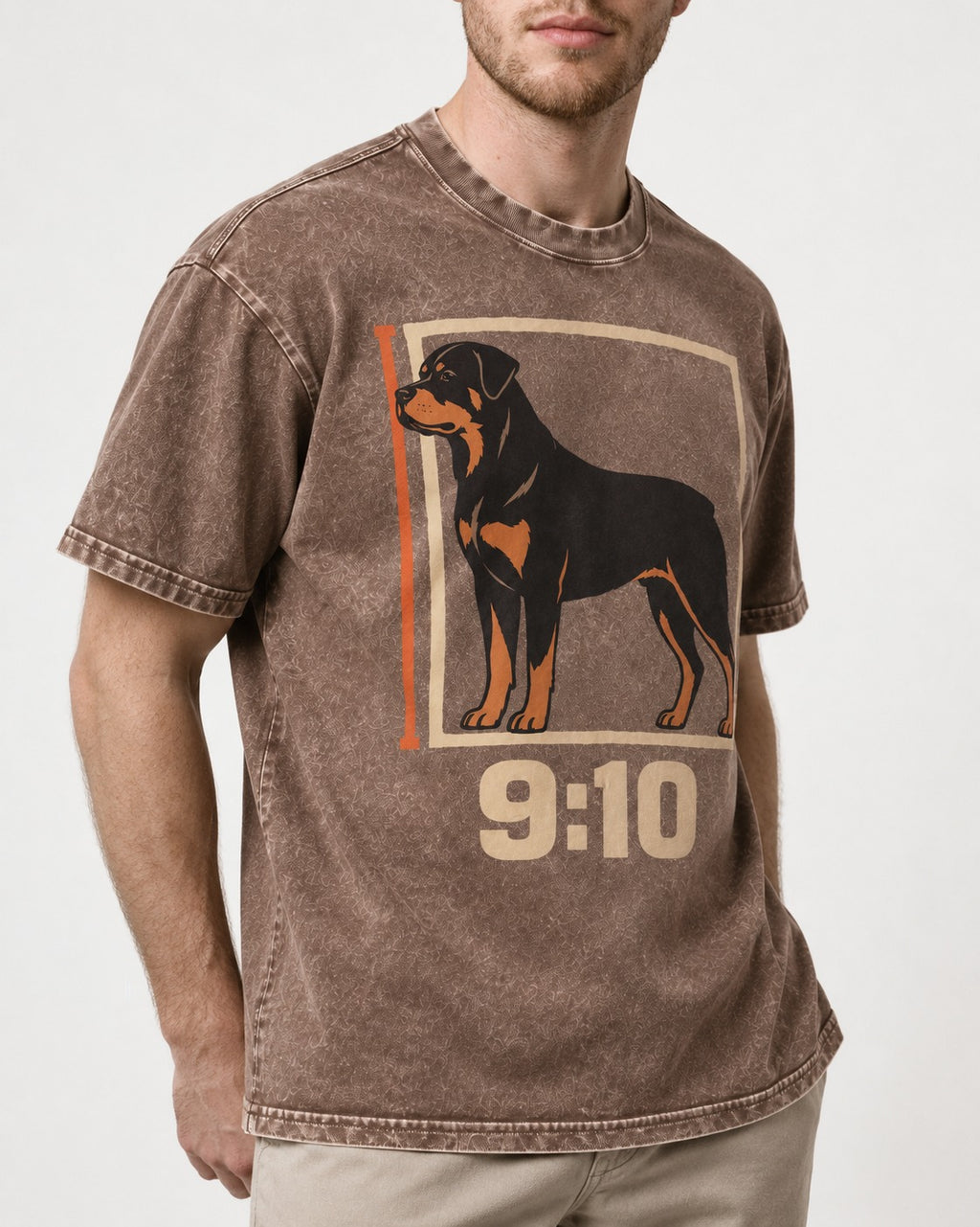 Nine Ten Rottweiler Proportion Frame Graphic Washed Tee in Coffee, worn by a model, front view