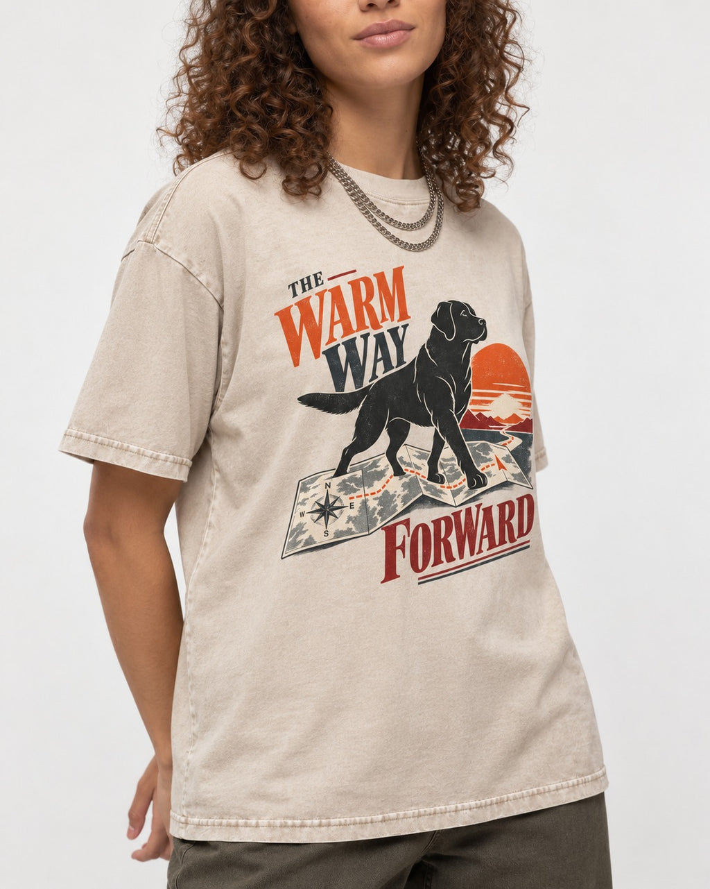 The Warm Way Forward Labrador Retriever Washed Tee in Apricot, worn by a model, front view