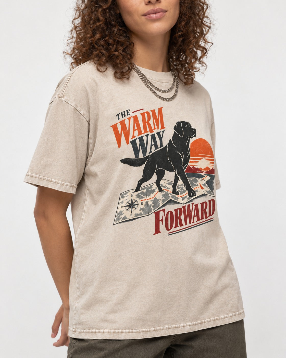The Warm Way Forward Labrador Retriever Washed Tee in Apricot, worn by a model, front view