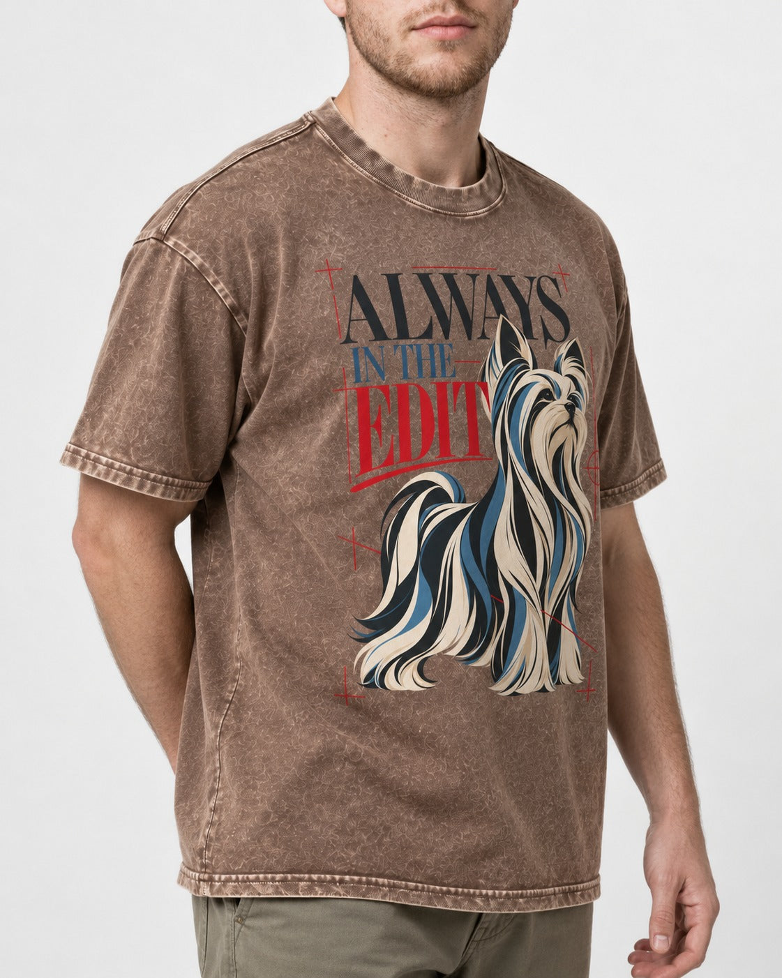 Always in the Edit Yorkshire Terrier Washed Tee in Coffee, worn by a model, front view