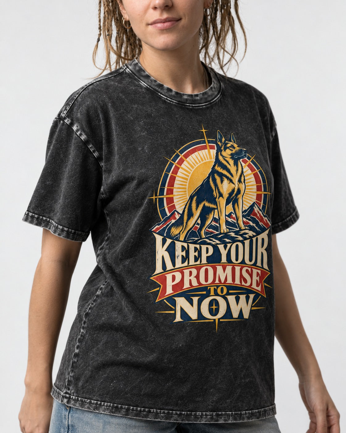 Keep Your Promise To Now Sunrise German Shepherd Dog Graphic Washed Tee in Black, worn by a model, front view