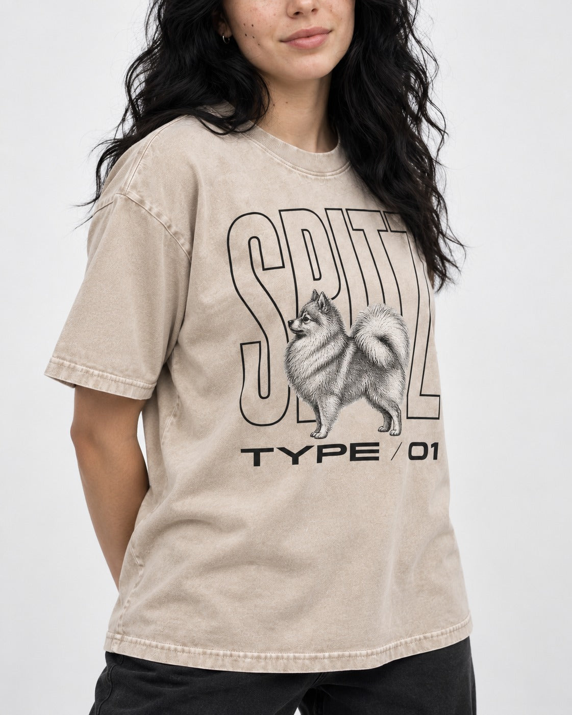 Pomeranian Spitz Washed Tee in Apricot, worn by a model, front view