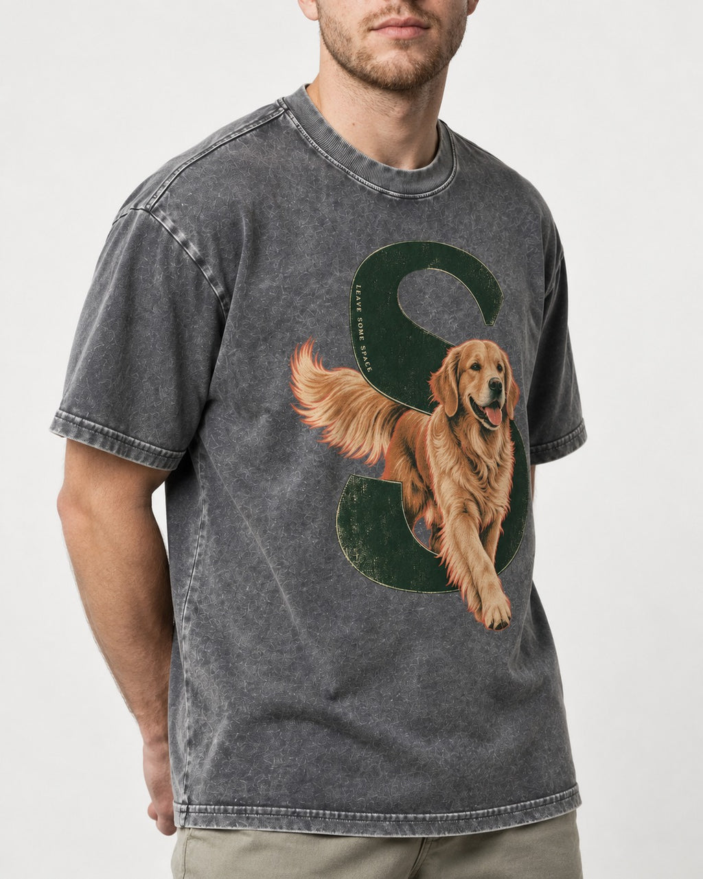 Golden Retriever Leave Some Space Monogram Graphic Washed Tee in Gray, worn by a model, front view