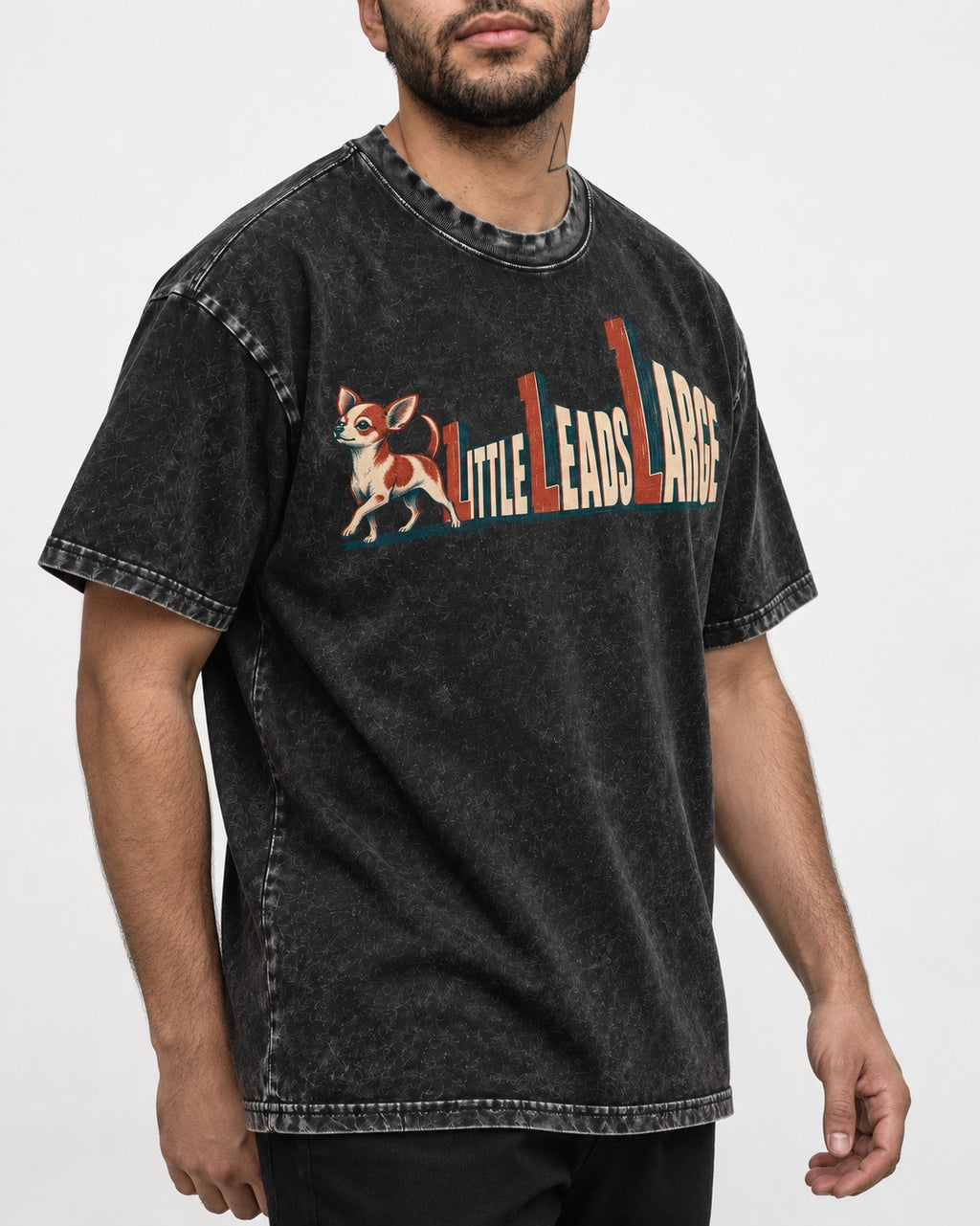 Chihuahua Little Leads Large Perspective Typography Washed Tee in Black, worn by a model, front view