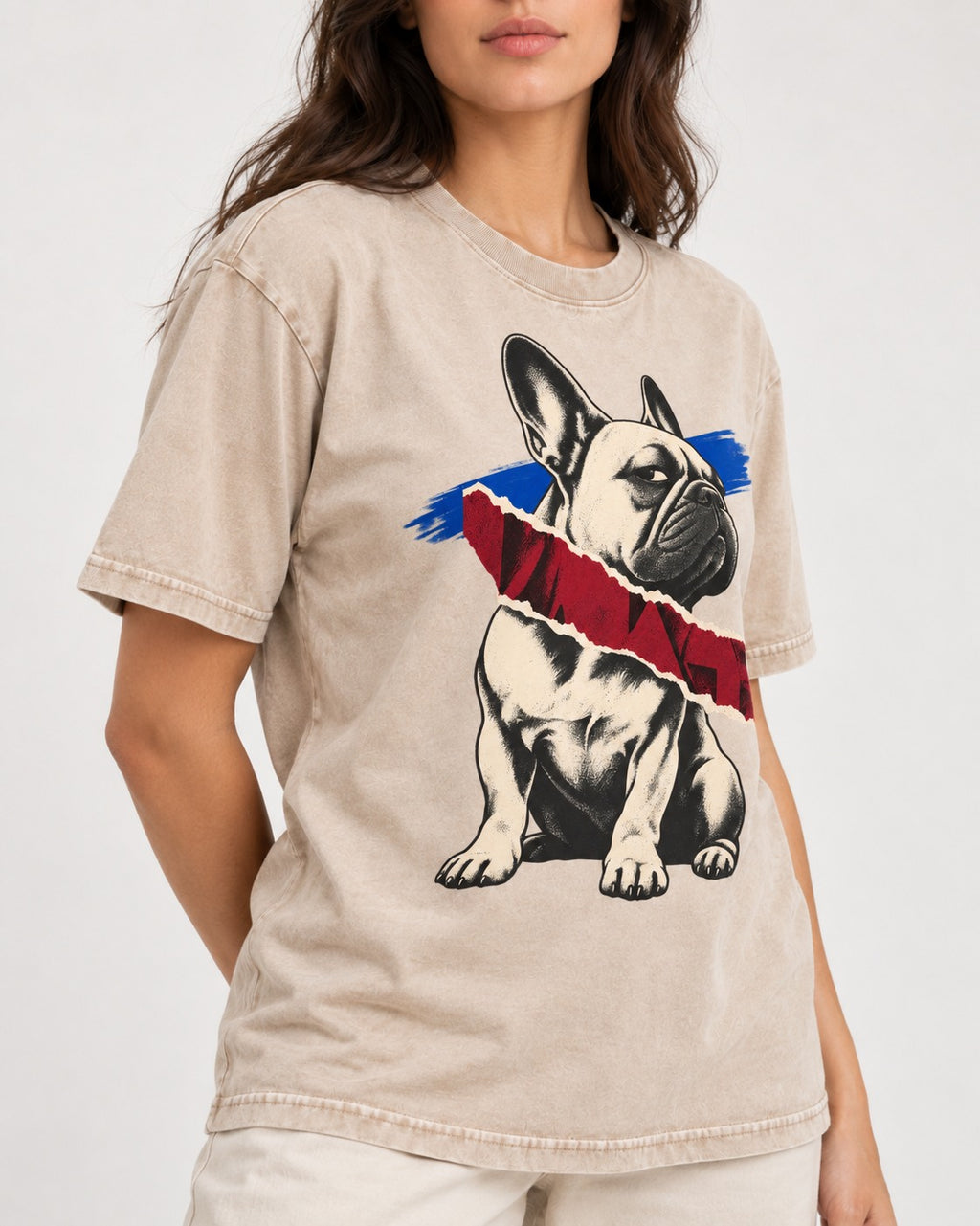 Frenchie Punk Washed Tee in Apricot, worn by a model, front view