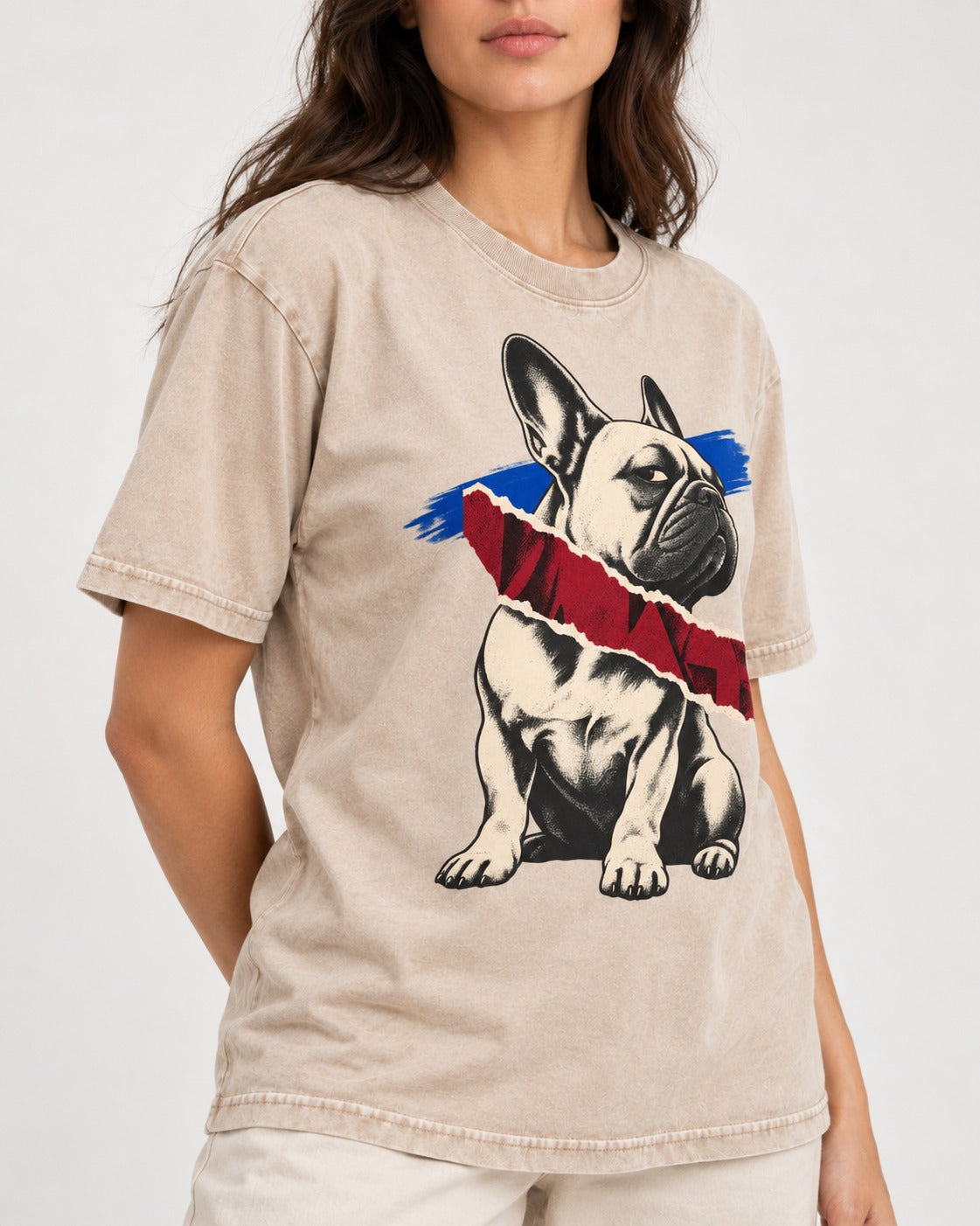 Frenchie Punk Washed Tee in Apricot, worn by a model, front view