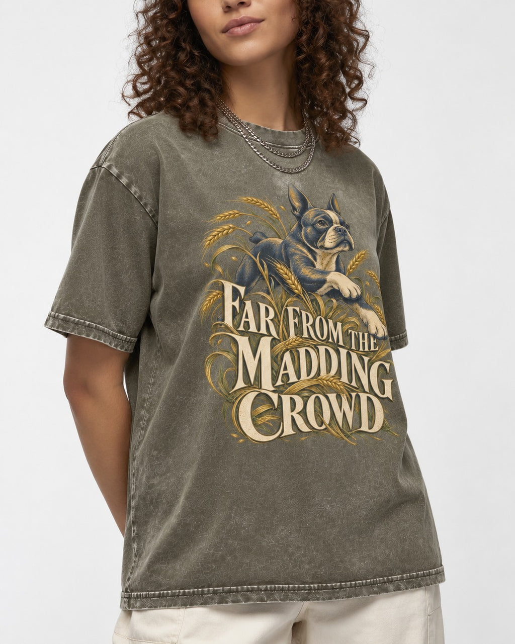 Far From the Madding Crowd Boston Terrier Washed Tee in Army Green, worn by a model, front view