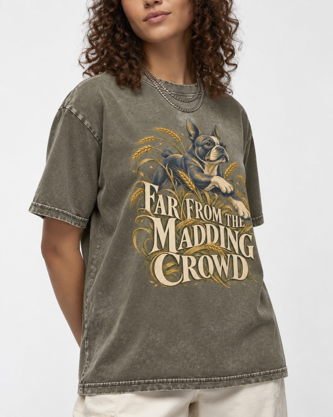 Far From the Madding Crowd Boston Terrier Washed Tee in Army Green, worn by a model, front view
