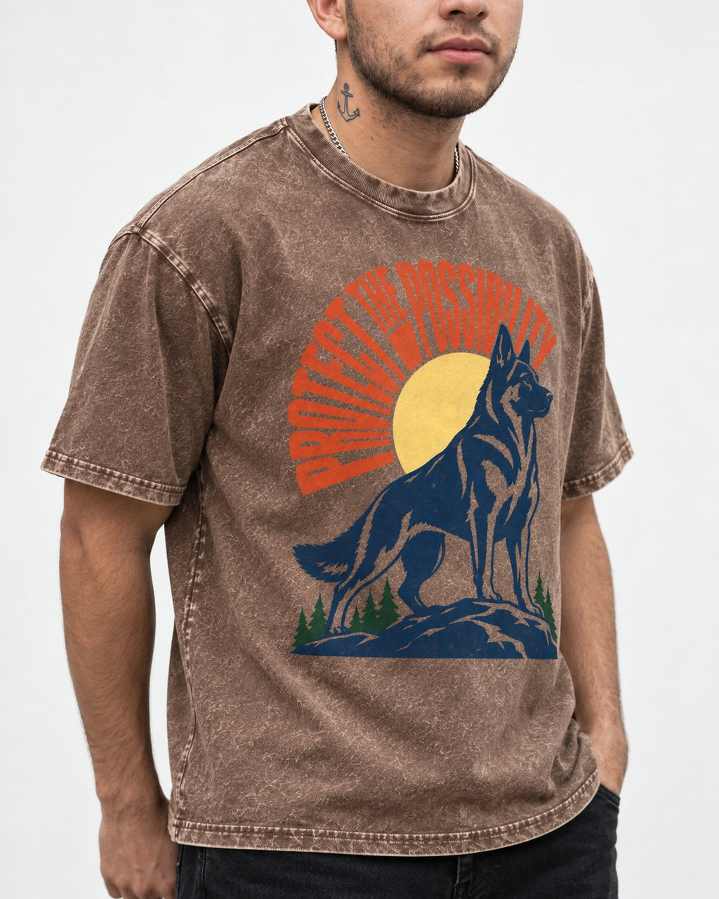 German Shepherd Dog Protect the Possibility Washed Tee in Coffee, worn by a model, front view